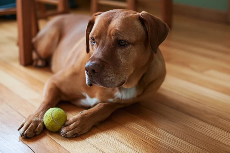 Reddish-brown labrador mix lying on hardwood floor with tennis ball between paws