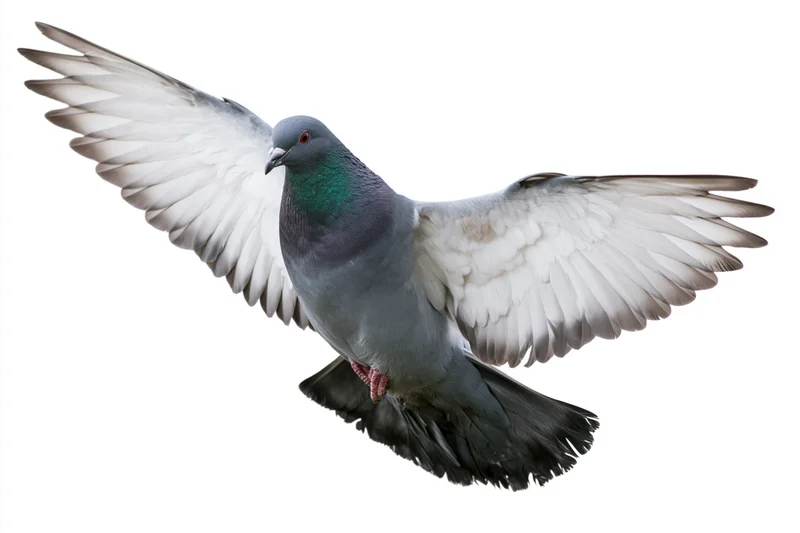 Rock pigeon in mid-flight with wings fully spread against white background