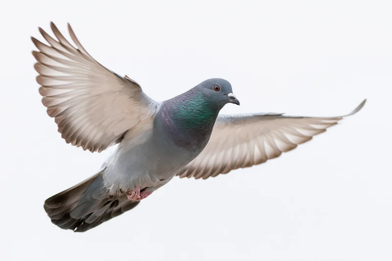 Rock pigeon in mid-flight with wings fully spread against white background