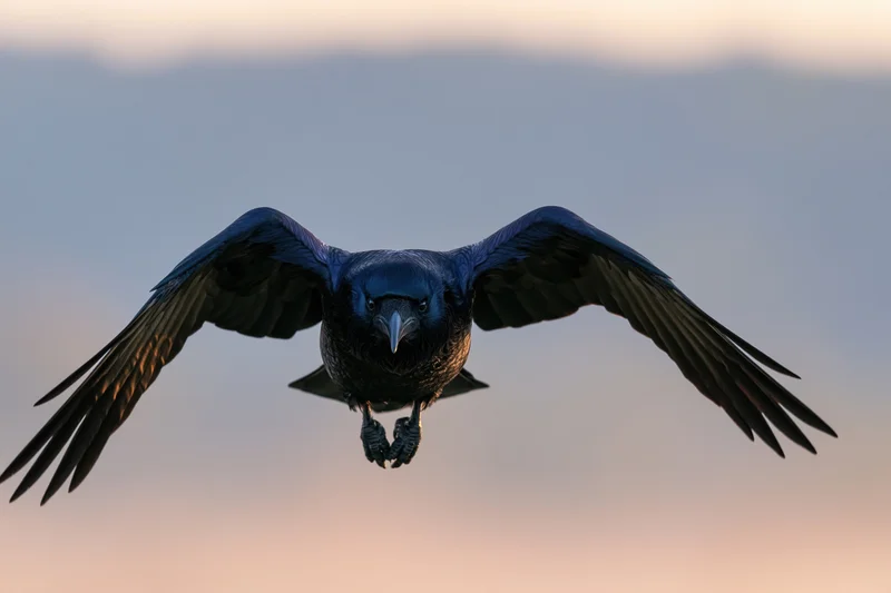 Crow in mid-flight with wings fully spread against twilight sky