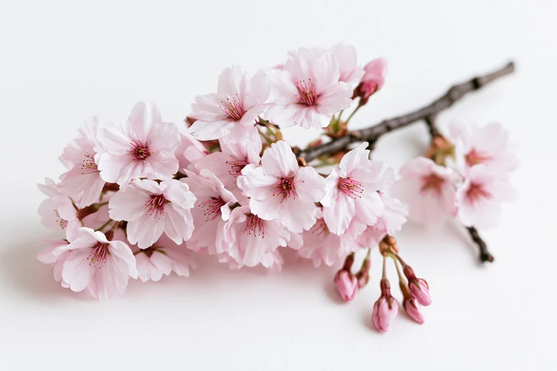 Cherry blossom branch with open pink flowers and buds arranged on white background