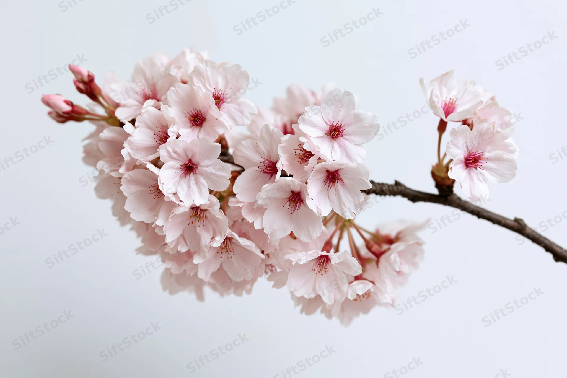 Cherry blossom branch with clusters of open pale pink flowers against a plain light background
