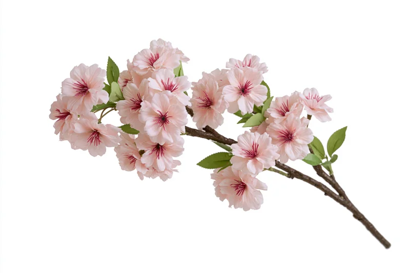 Cherry blossom branch with clusters of soft pink flowers and green leaves isolated on white