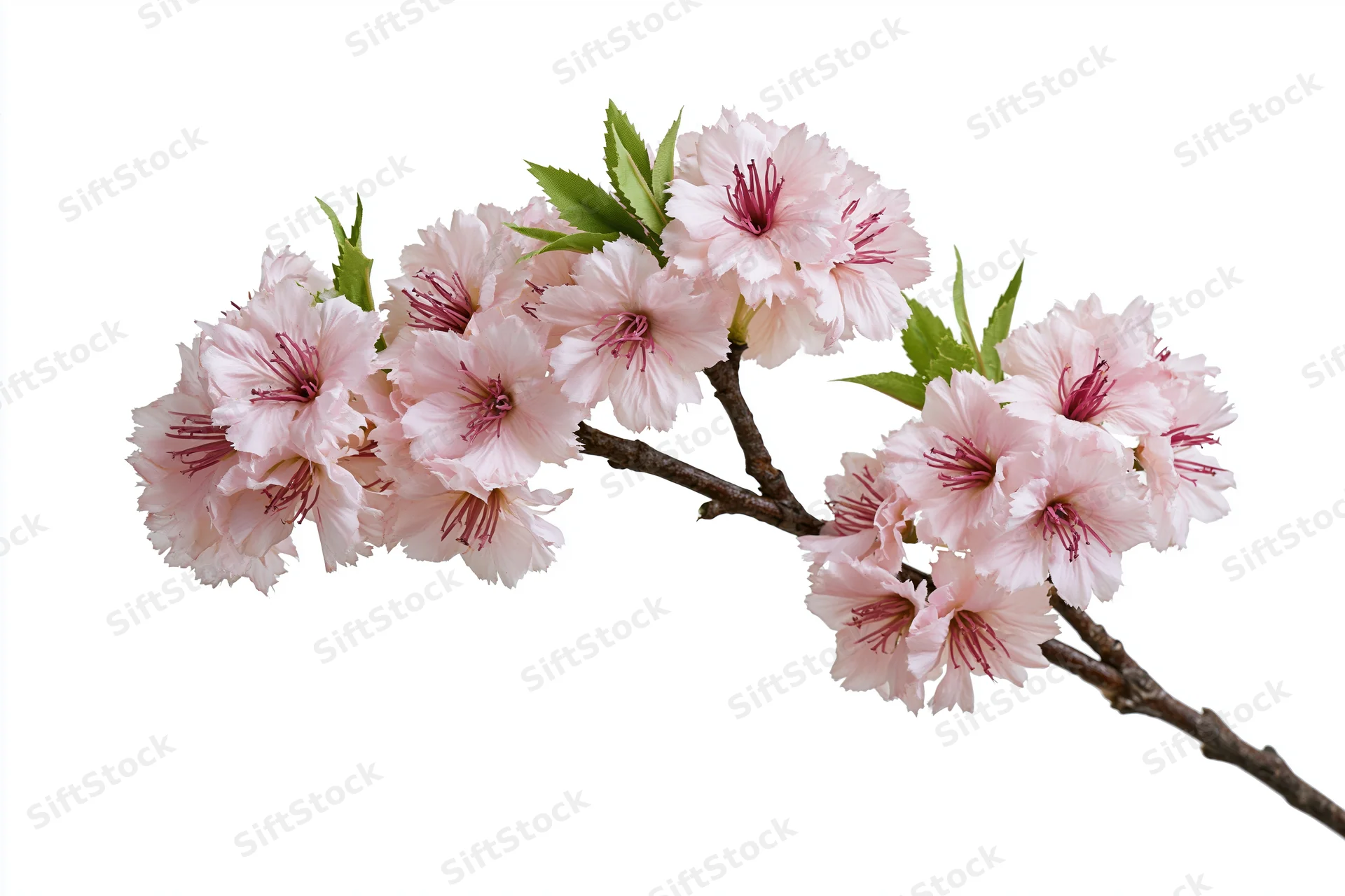 Cherry blossom branch with clusters of soft pink flowers and green leaves isolated on white