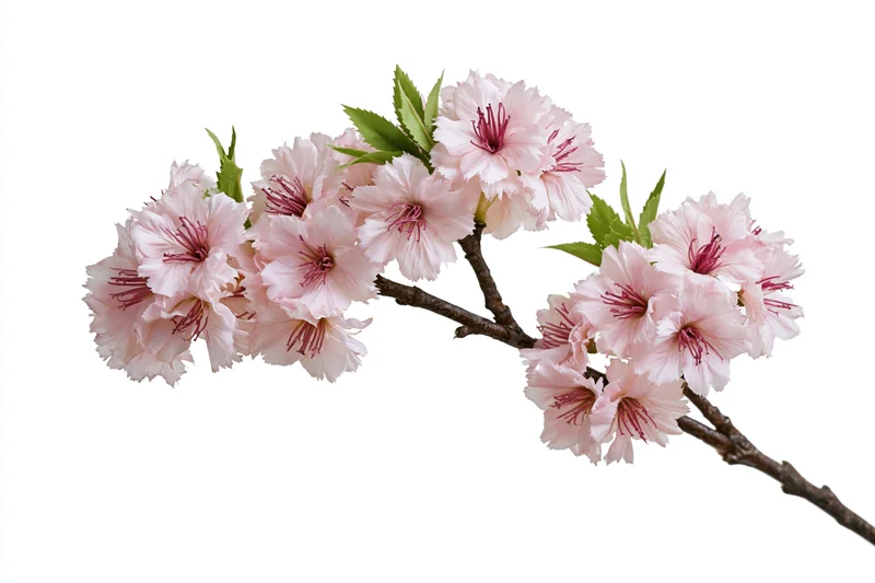 Cherry blossom branch with clusters of soft pink flowers and green leaves isolated on white