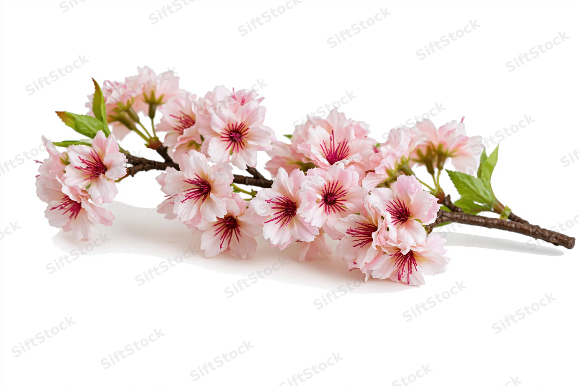 Cherry blossom branch with clusters of soft pink flowers arranged horizontally on white background