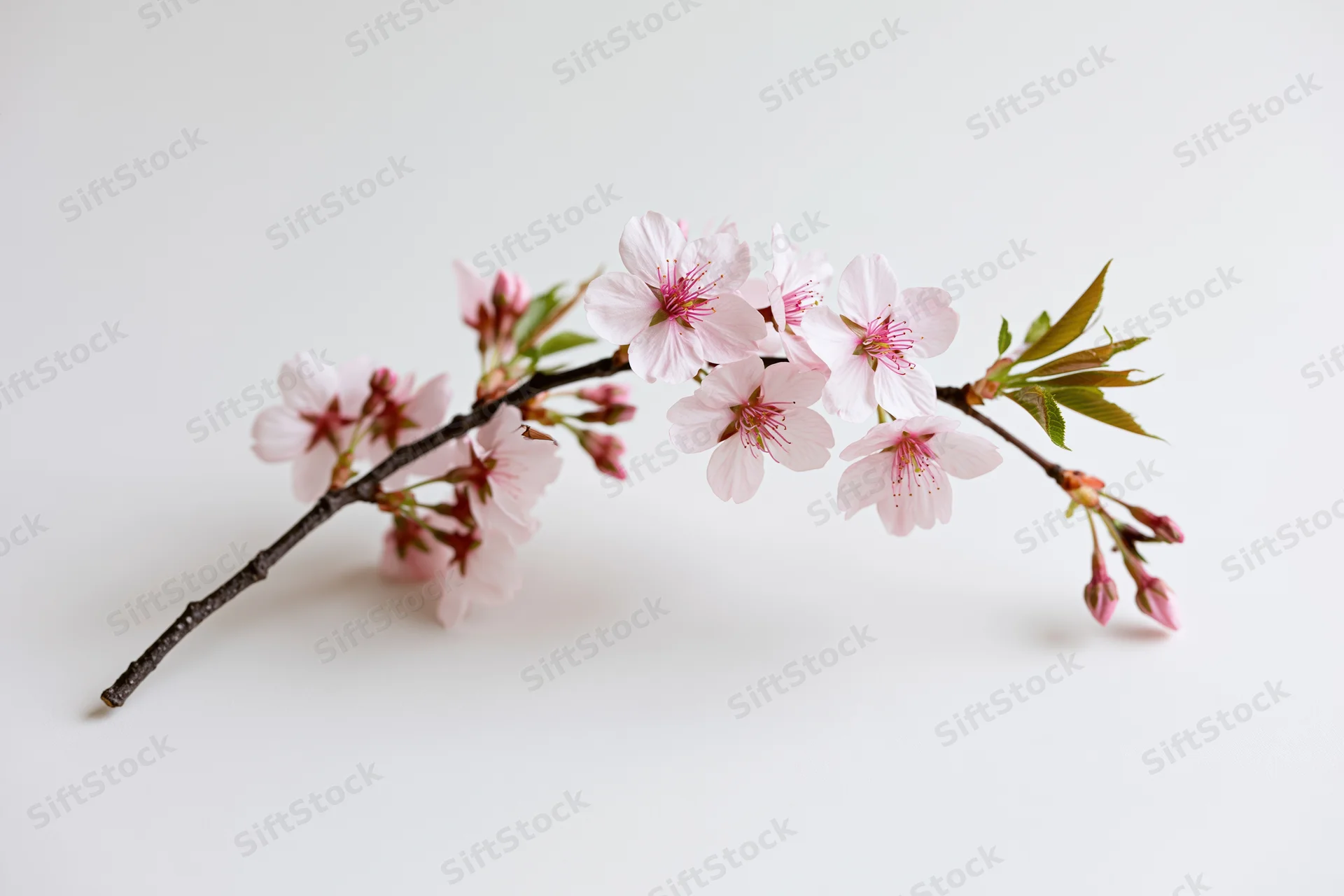 Cherry blossom branch with open pale pink flowers arranged on white background