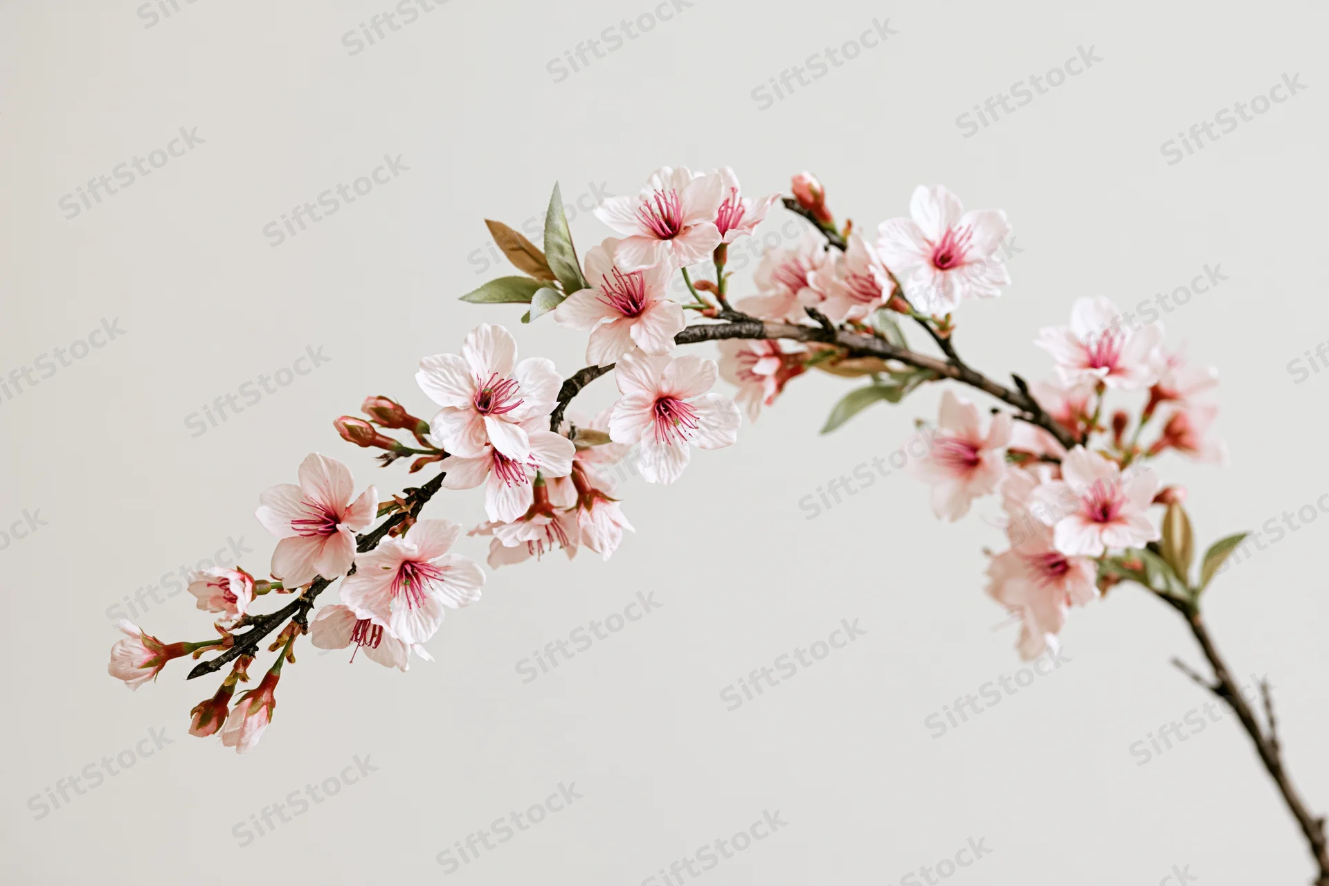 Cherry blossom branch with open pale pink flowers arcing across a plain background