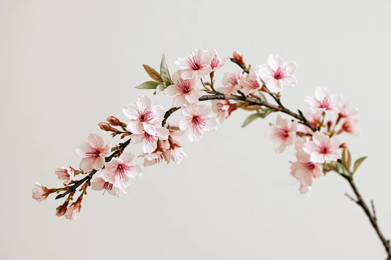 Cherry blossom branch with open pale pink flowers arcing across a plain background