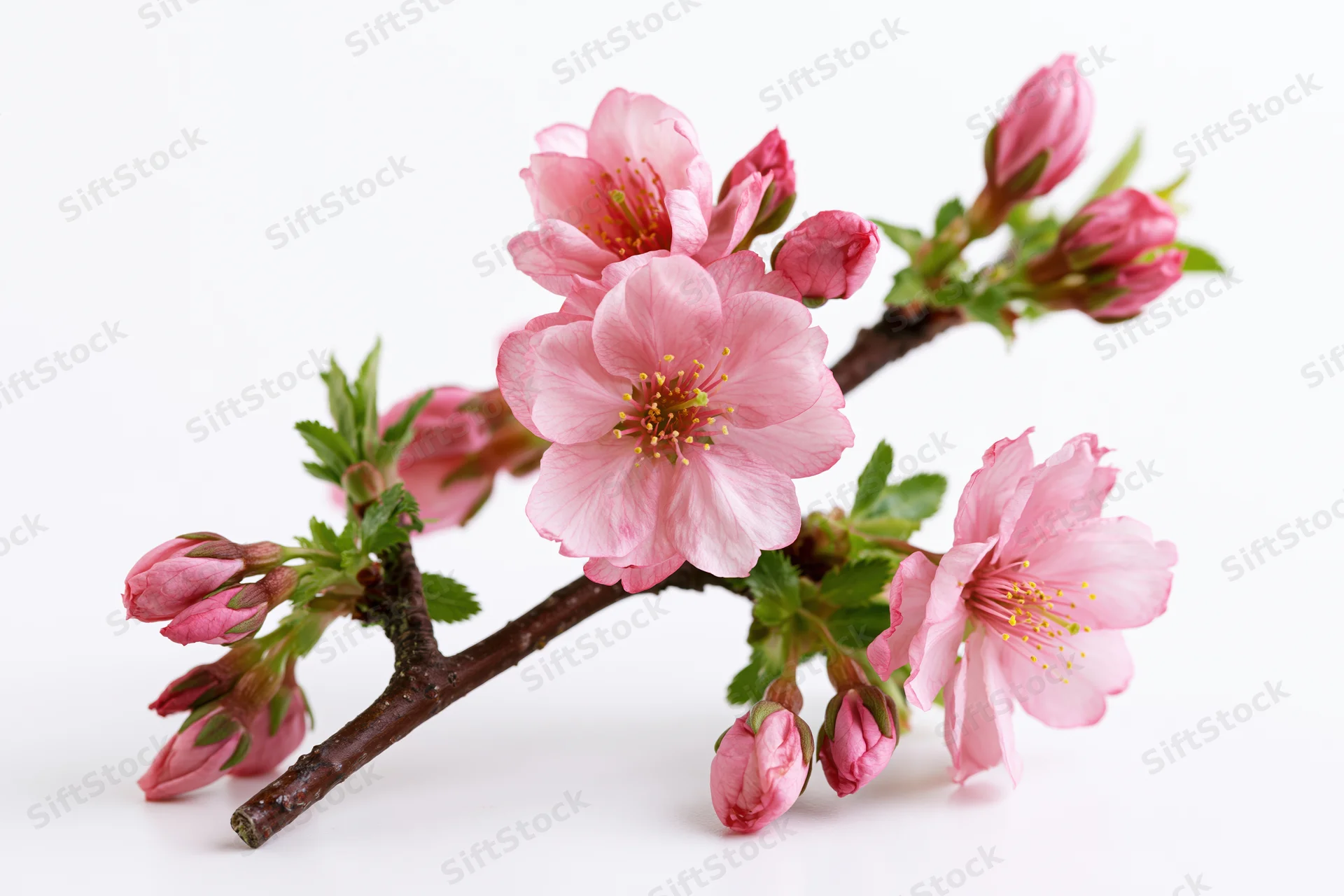 Cherry blossom branch with open pink flowers and closed buds on white background