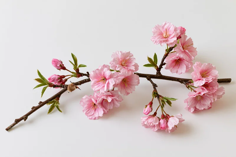 Cherry blossom branch with open and closed pink flowers on white background