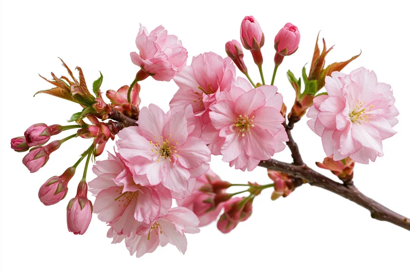 Cherry blossom branch with open pink flowers and closed buds isolated on white background