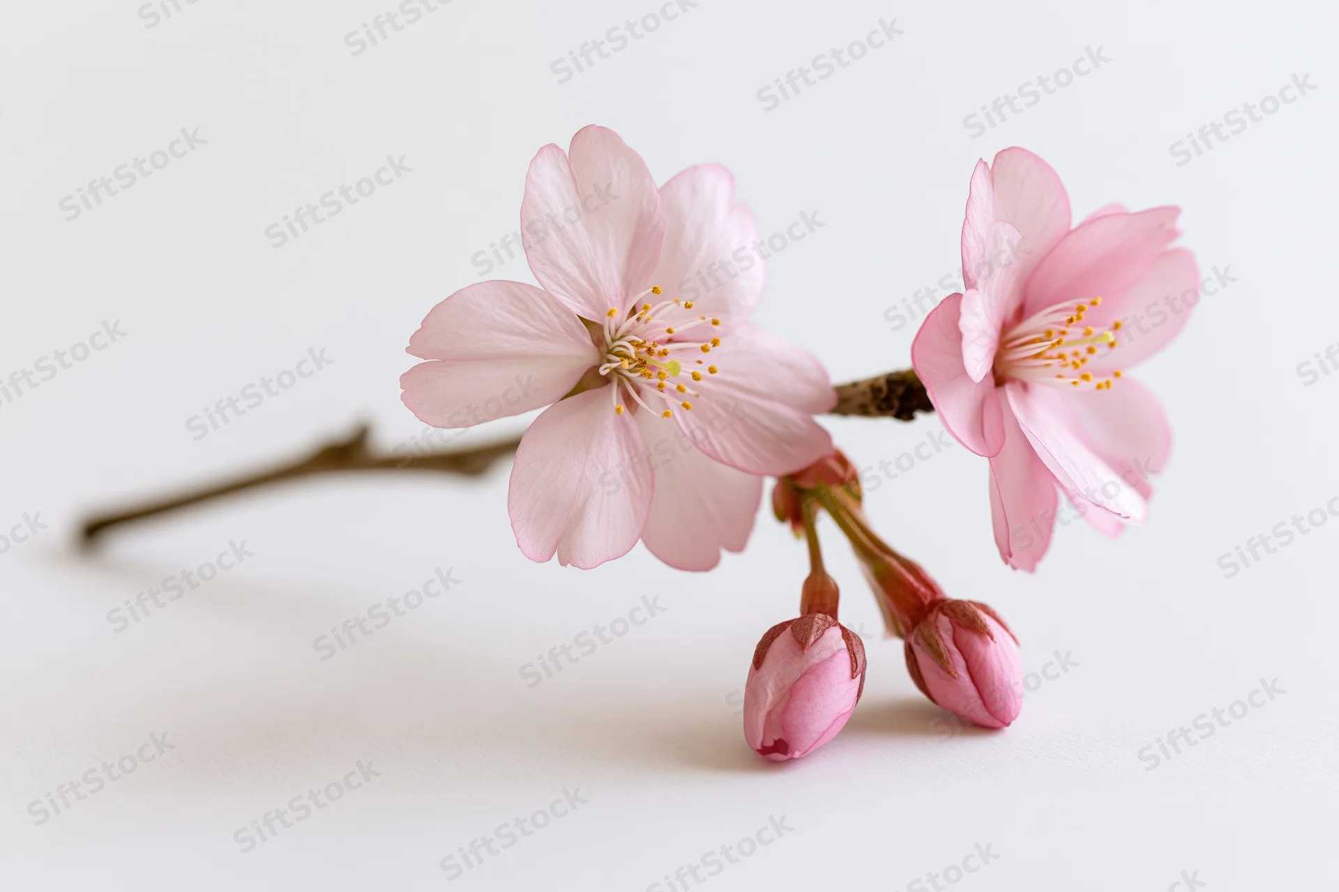 Cherry blossom branch with two open flowers and two buds on a white background