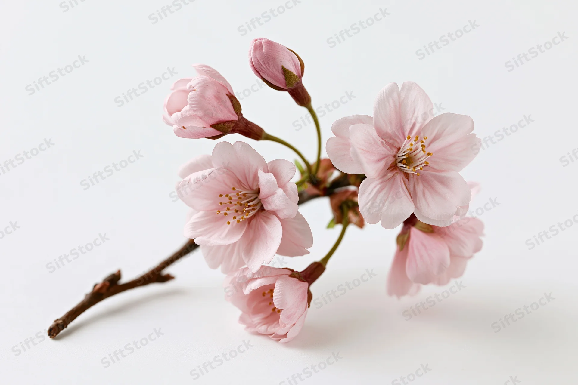 Cherry blossom branch with soft pink flowers and buds arranged on white background