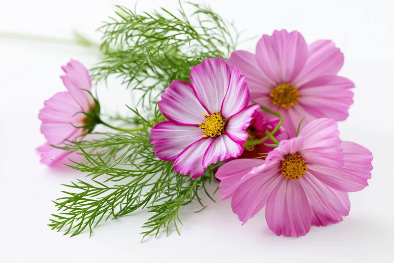 Cosmos flowers with pink petals and green stems arranged on a white background