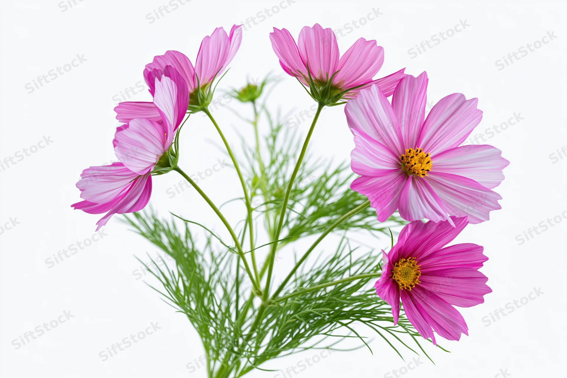 Cosmos flower stem with multiple pink blooms and feathery green foliage against white background