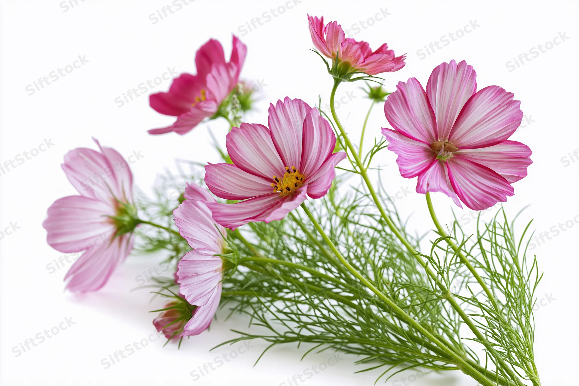 Cosmos flowers with pink petals and green stems arranged on a white background