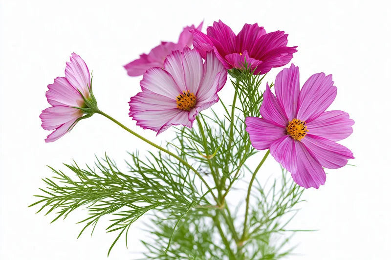 Cosmos flower stem with multiple pink blooms and feathery green foliage against white background