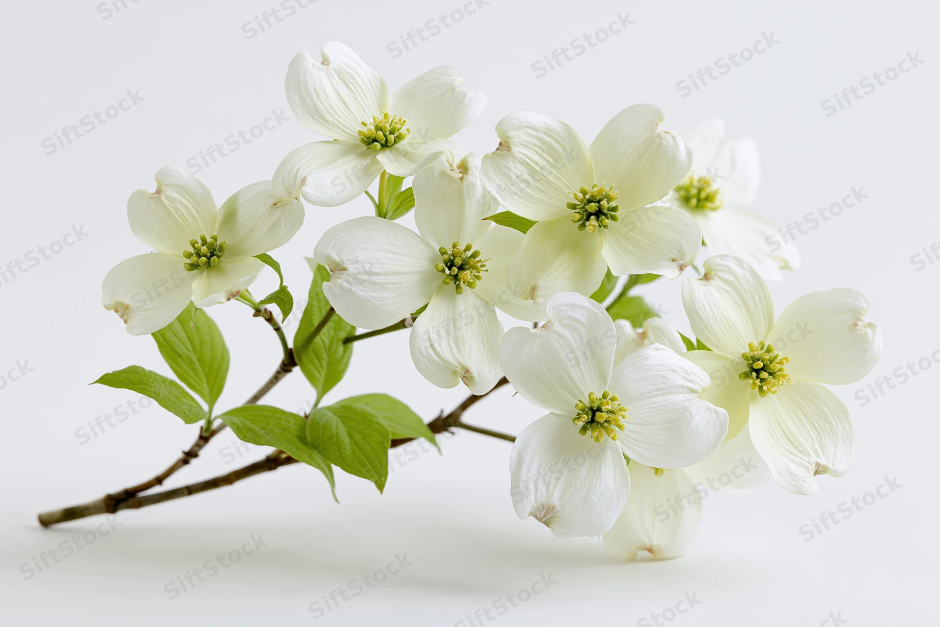 Dogwood branch with white blossoms and green leaves arranged on a white background