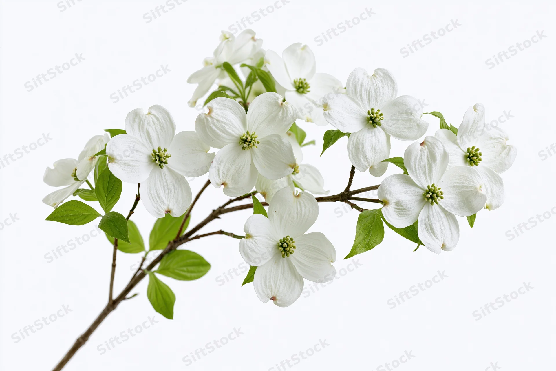 Dogwood branch with clusters of white four-petaled flowers and green leaves isolated on white background