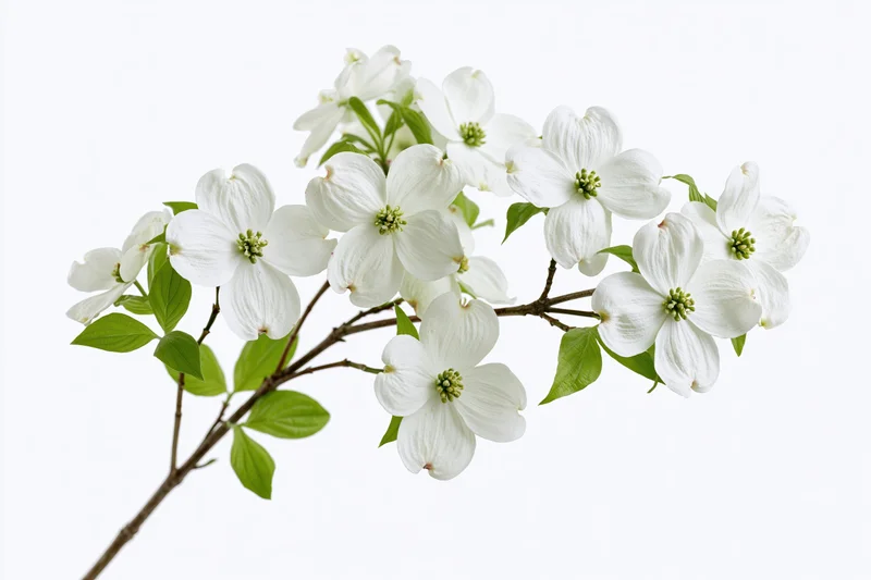 Dogwood branch with clusters of white four-petaled flowers and green leaves isolated on white background