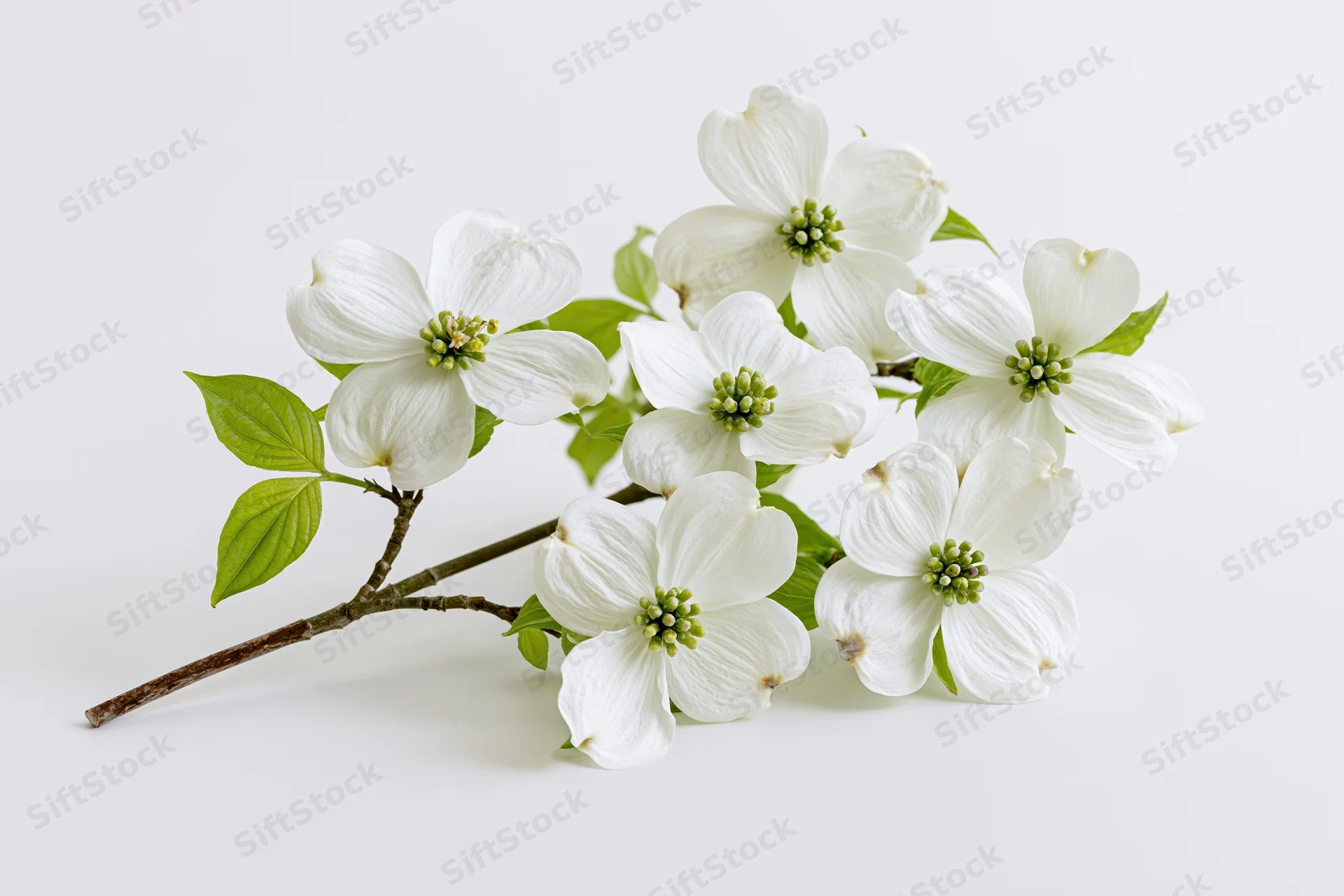 Dogwood branch with white four-petaled flowers and green leaves arranged on a plain white background