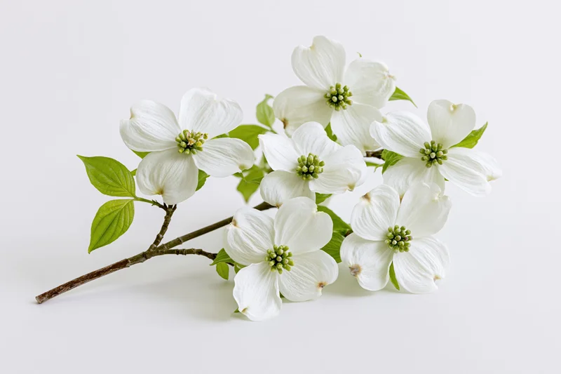 Dogwood branch with white four-petaled flowers and green leaves arranged on a plain white background