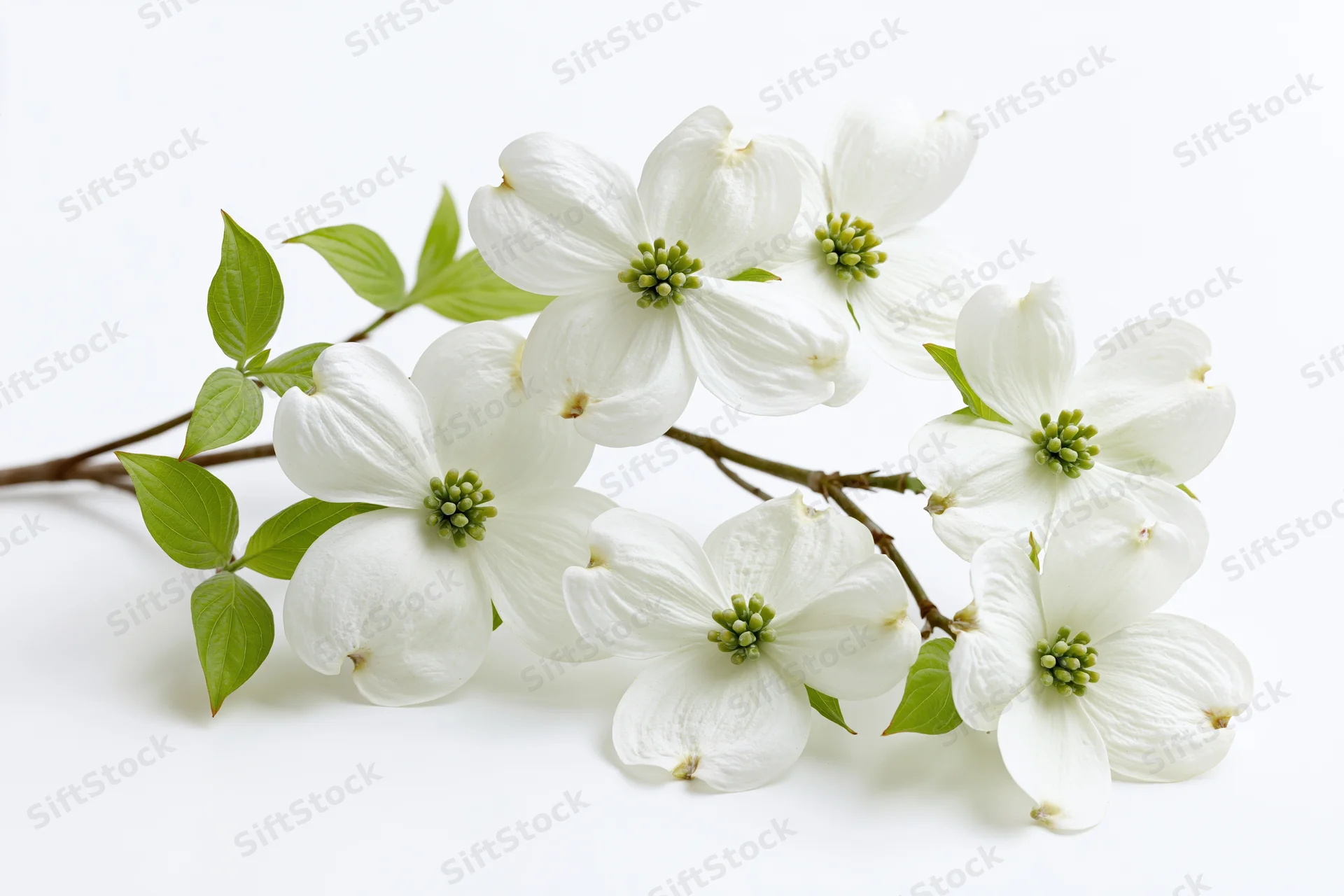 Dogwood branch with white four-petaled blossoms and green leaves arranged on white background