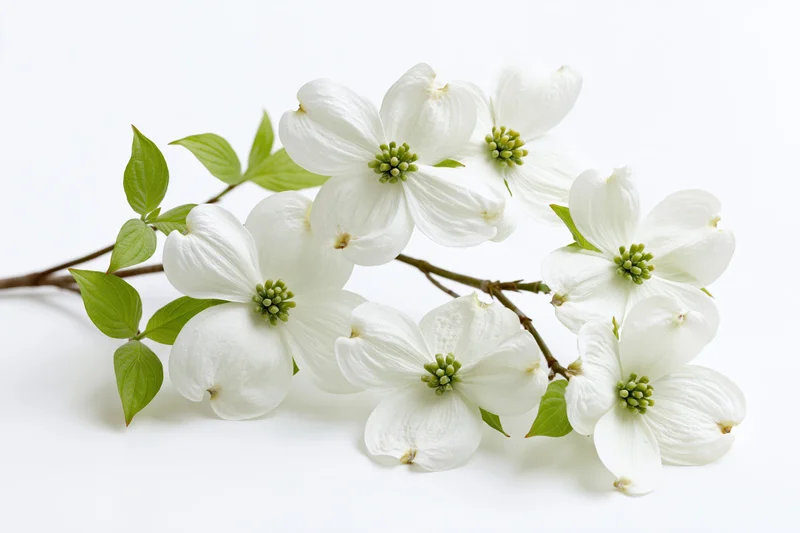 Dogwood branch with white four-petaled blossoms and green leaves arranged on white background