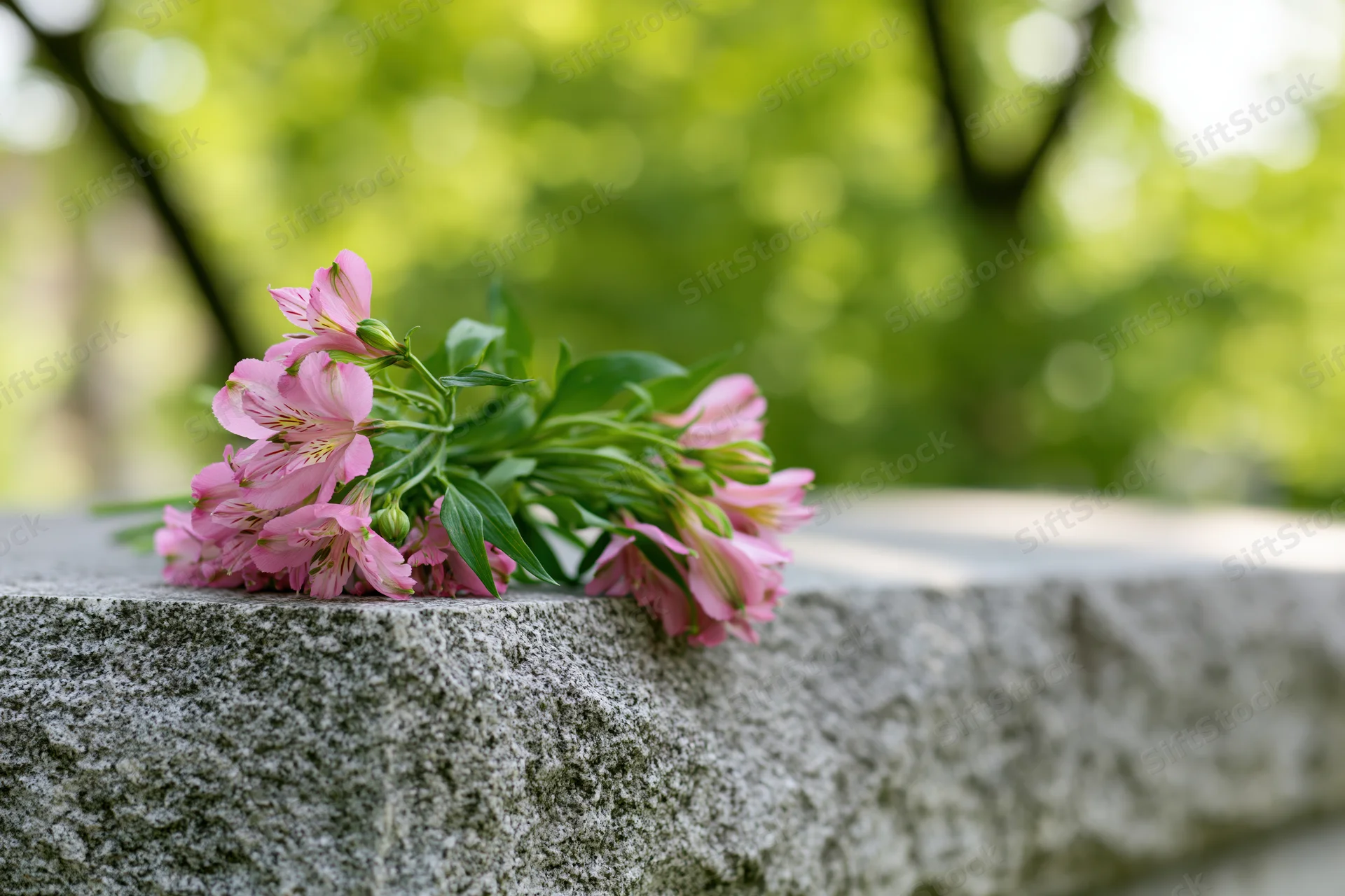 Pink alstroemeria bouquet resting on a stone grave in a green outdoor setting
