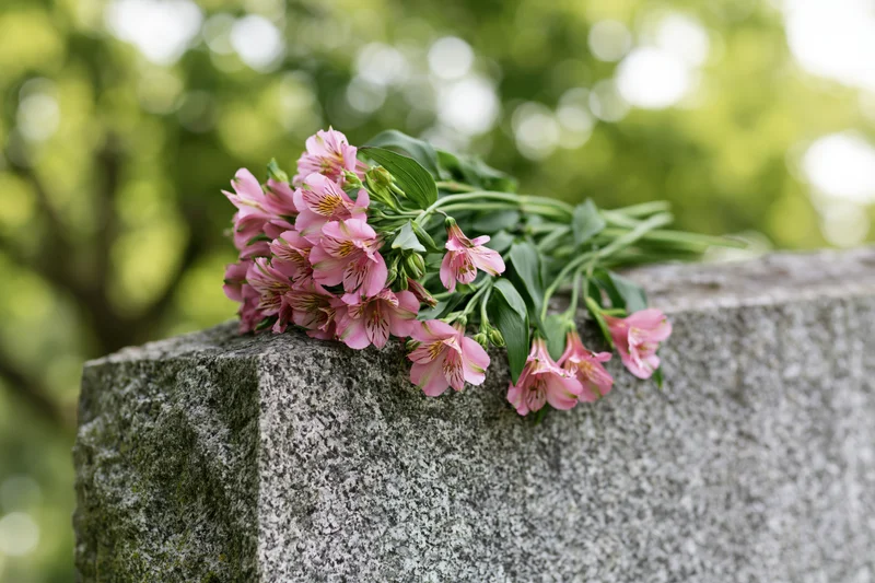 Pink alstroemeria bouquet resting on a stone grave marker in a cemetery