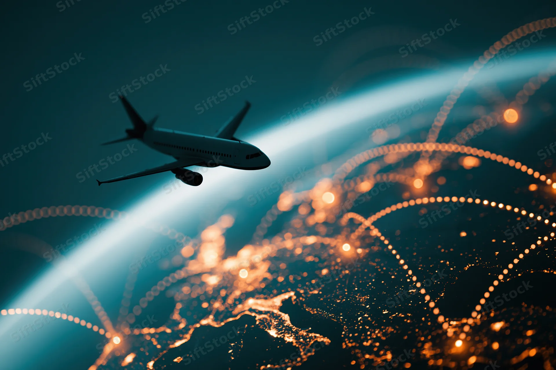 Silhouette of a commercial airplane flying over a glowing illuminated globe at night