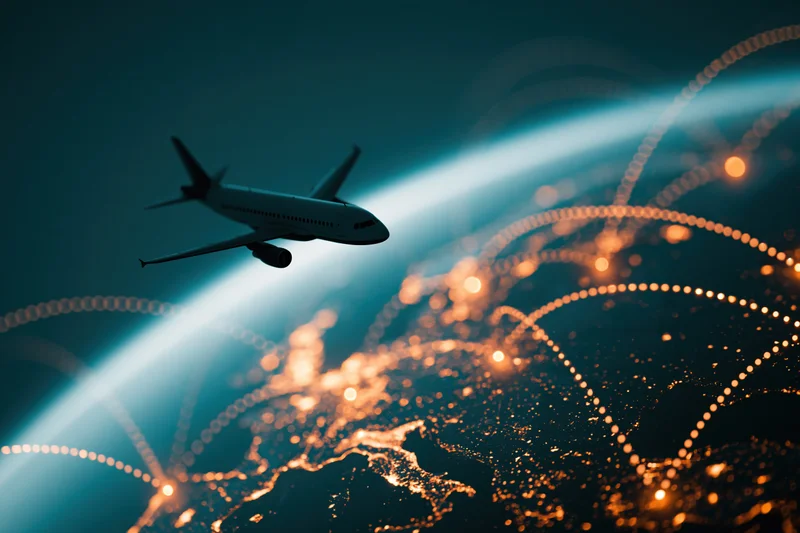Silhouette of a commercial airplane flying over a glowing illuminated globe at night
