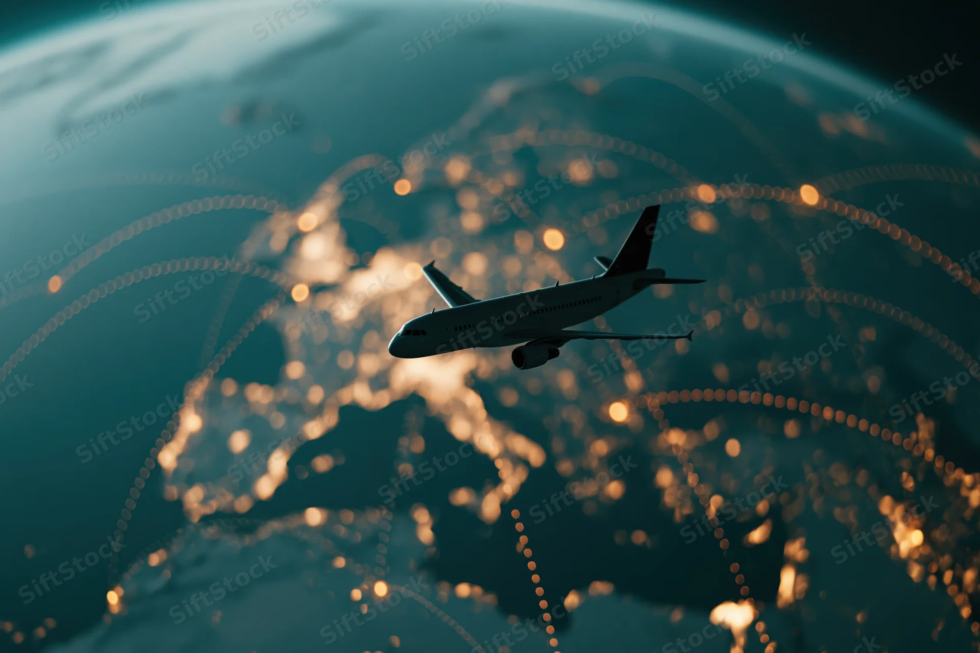 Commercial airplane flying over illuminated globe with glowing network paths at night