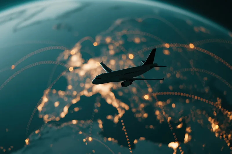 Commercial airplane flying over illuminated globe with glowing network paths at night