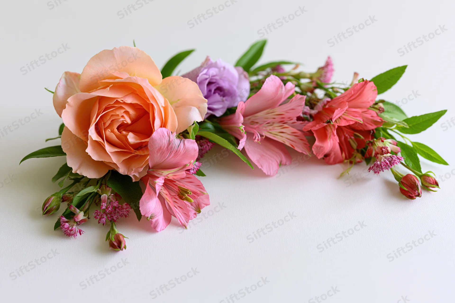 Curved floral arrangement with rose, alstroemeria, peony and greenery lying flat on white surface