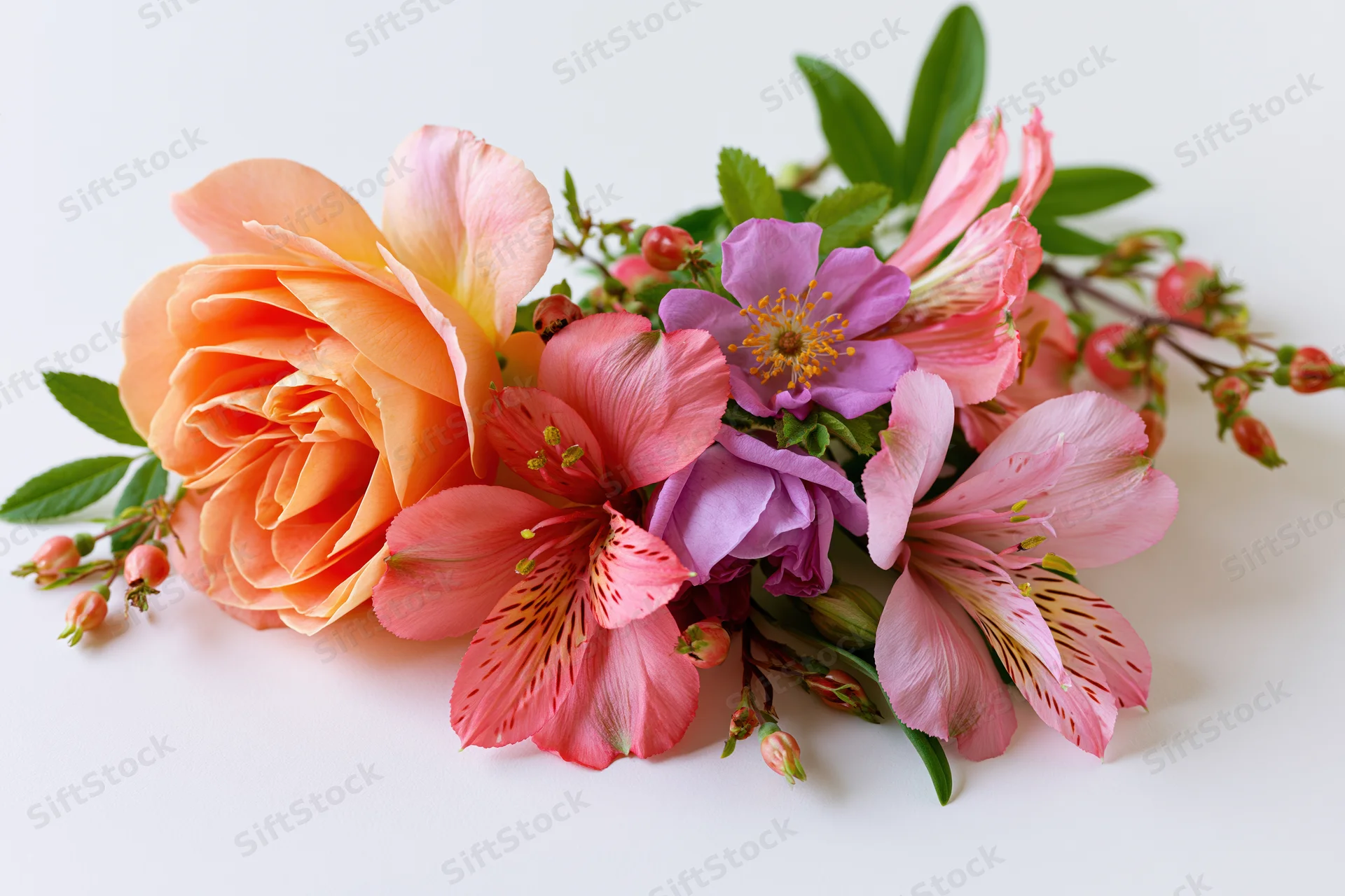 Small curved floral arrangement lying flat with roses, alstroemeria, and greenery on white background