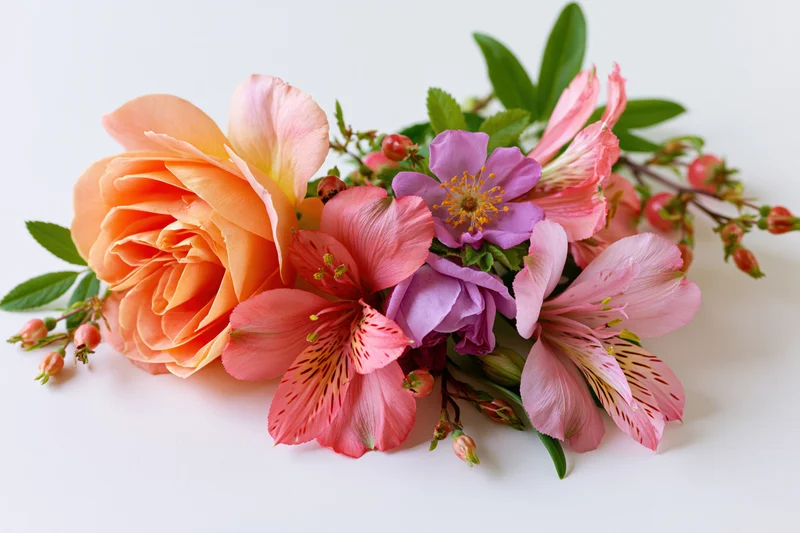 Small curved floral arrangement lying flat with roses, alstroemeria, and greenery on white background