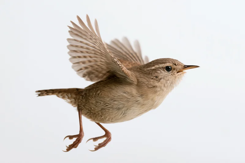 Small wren in mid-flight with wings spread upward against white background