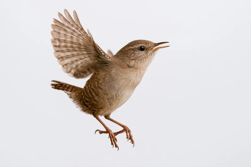 Small wren in mid-flight with wings spread and beak open against white background