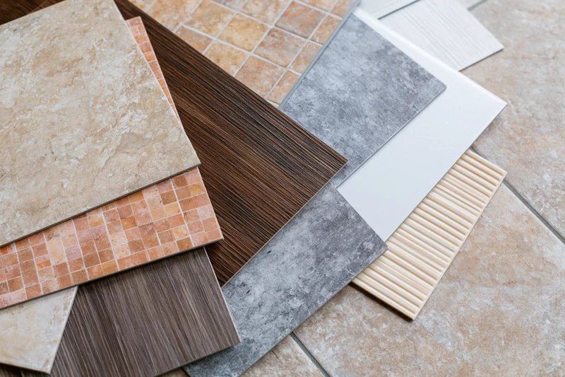 Flooring and tile samples fanned out on a tiled surface for selection and design planning