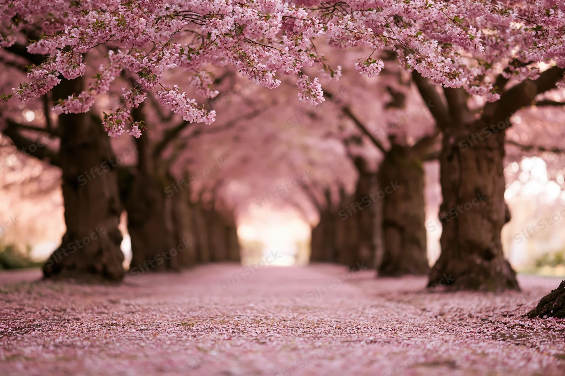 Cherry blossom trees forming a tunnel over a pathway covered in fallen petals