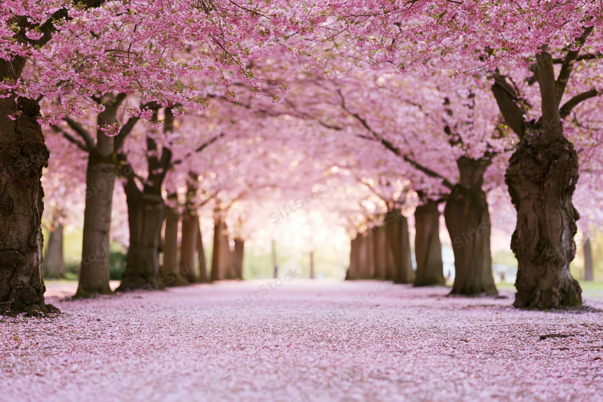 Cherry blossom trees forming a tunnel over a petal-covered pathway in a park
