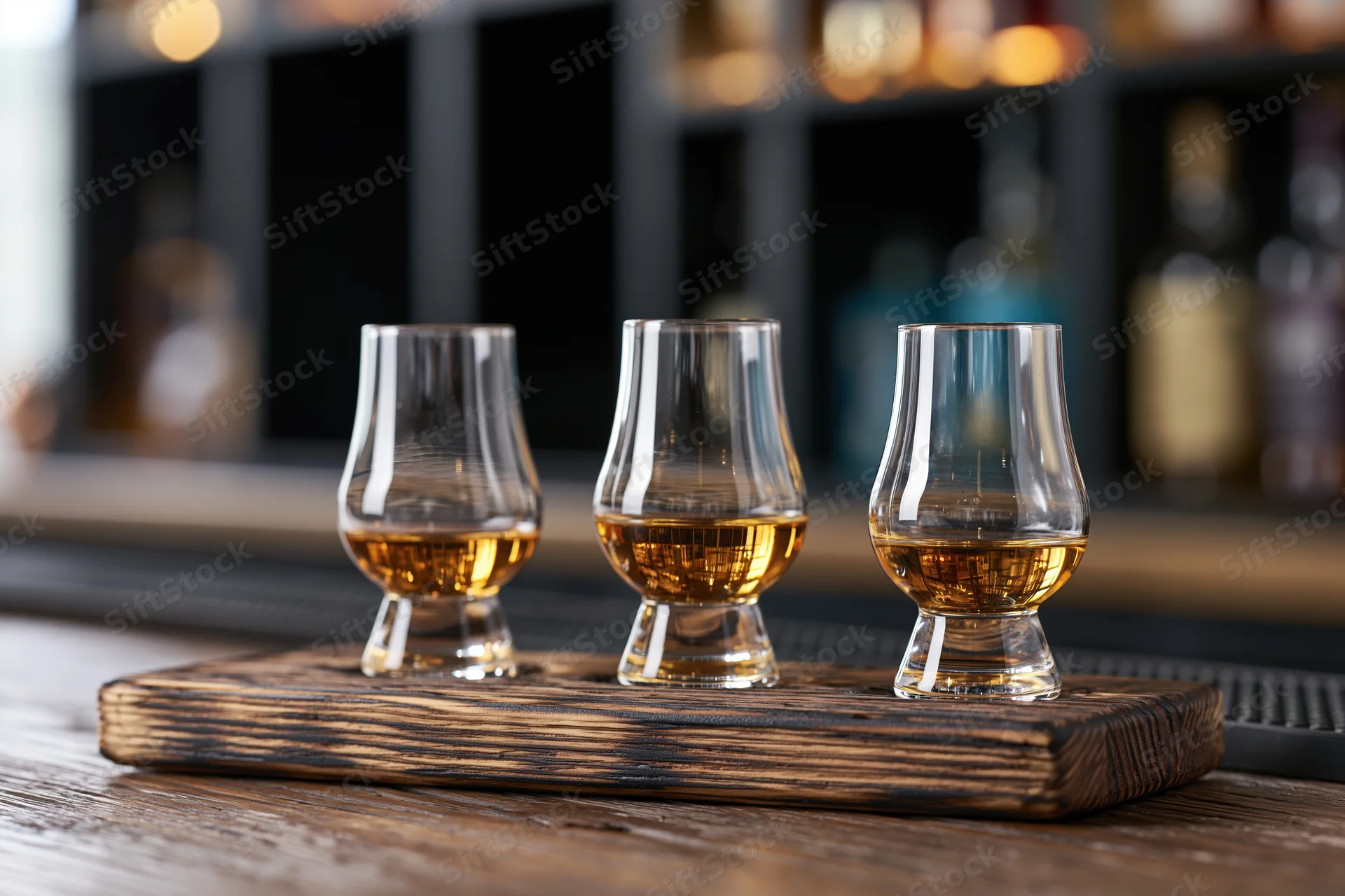 Three tulip-shaped whiskey tasting glasses filled with amber liquid arranged on a wooden tray at a bar
