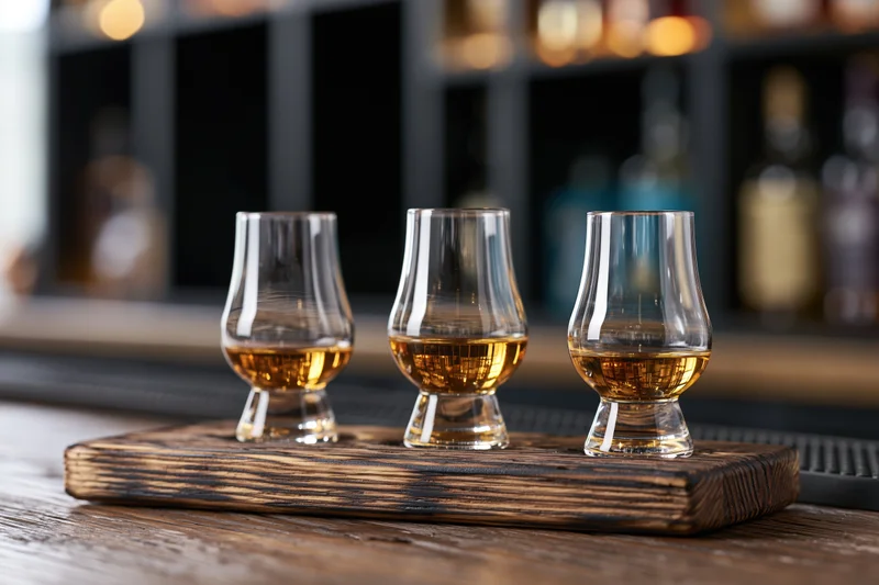 Three tulip-shaped whiskey tasting glasses filled with amber liquid arranged on a wooden tray at a bar