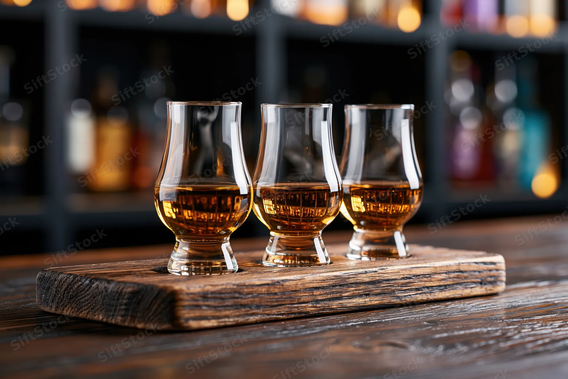 Three tulip glasses filled with whiskey arranged on a wooden board in a bar setting