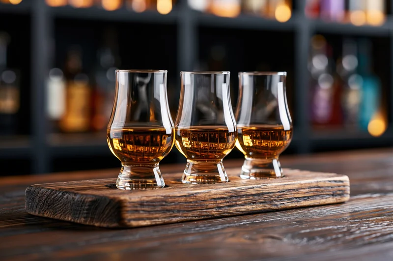 Three tulip glasses filled with whiskey arranged on a wooden board in a bar setting