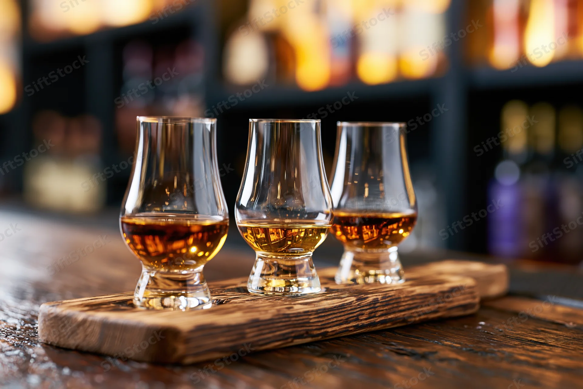 Three tulip glasses filled with amber whiskey arranged on a wooden tray at a bar