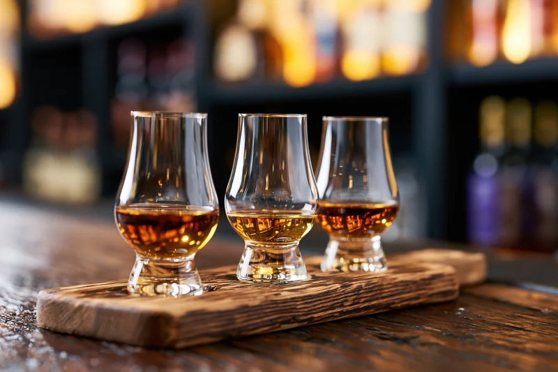 Three tulip glasses filled with amber whiskey arranged on a wooden tray at a bar
