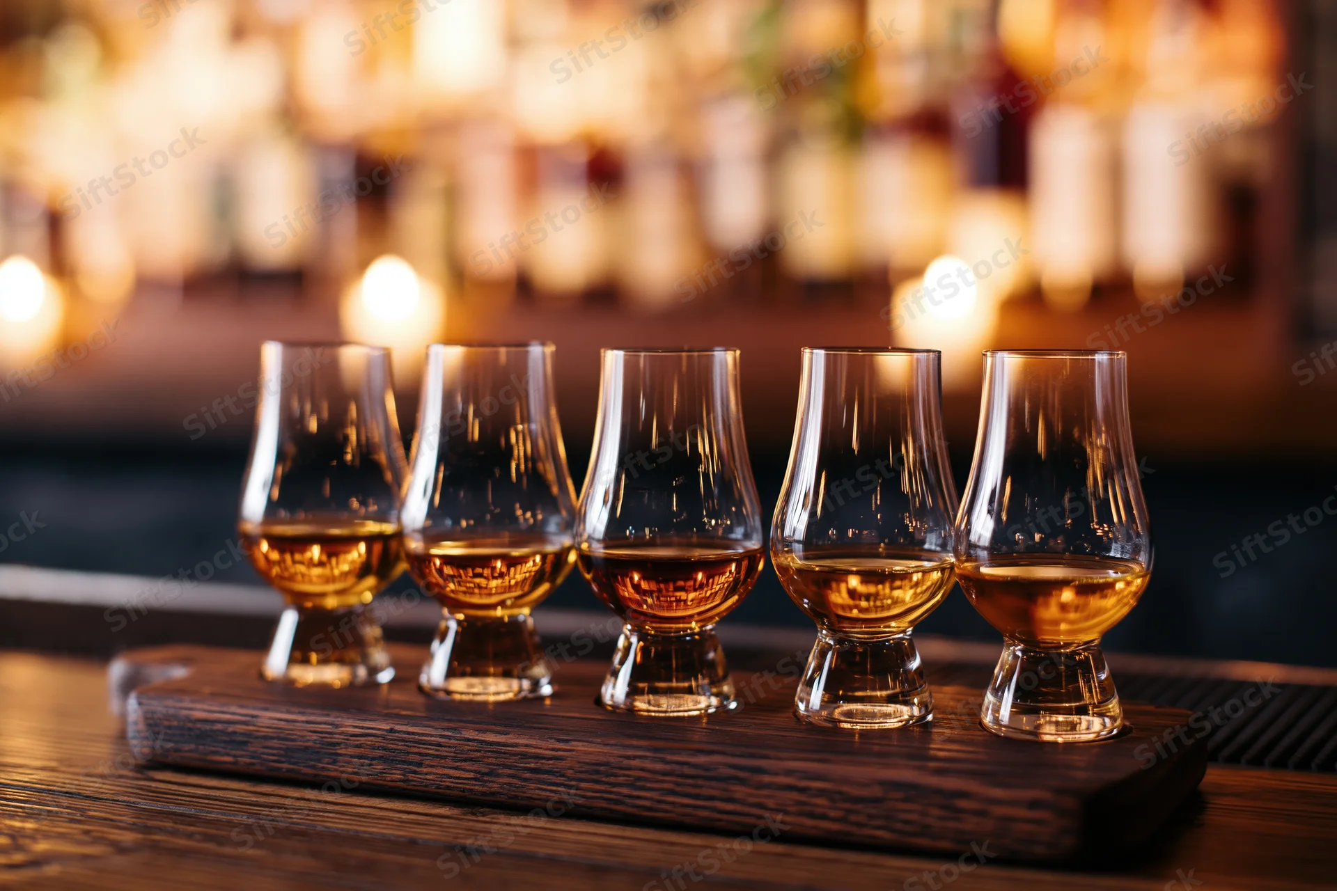Five glencairn glasses filled with whisky arranged in a row on a wooden tray at a bar